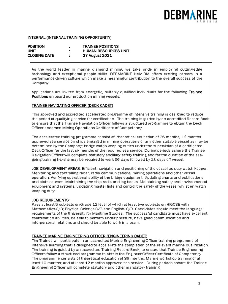 Internal Trainee Vacancies - Cadetship Positions | PDF | Navigator ...