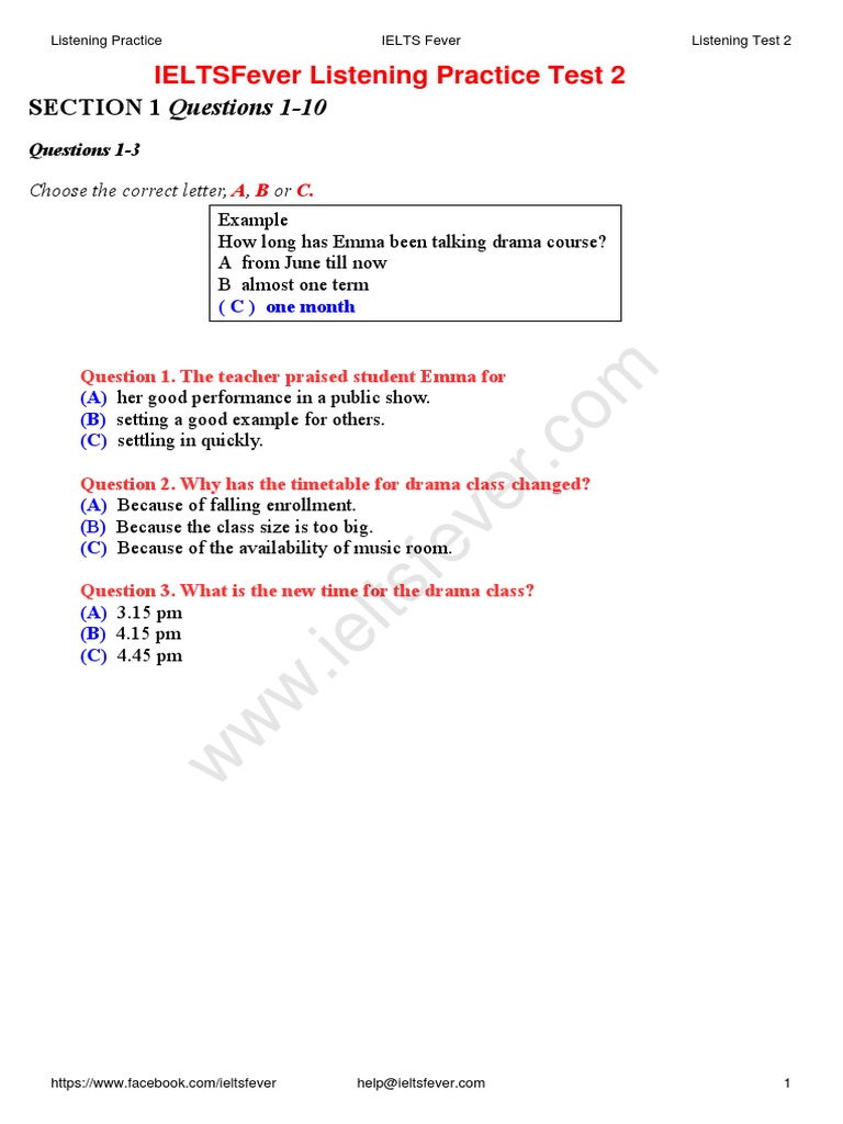 Ielts Fever Listening Practice Test 1 Answers