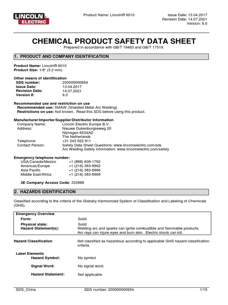 MSDS Lincoln 6010 PDF Construction Welding