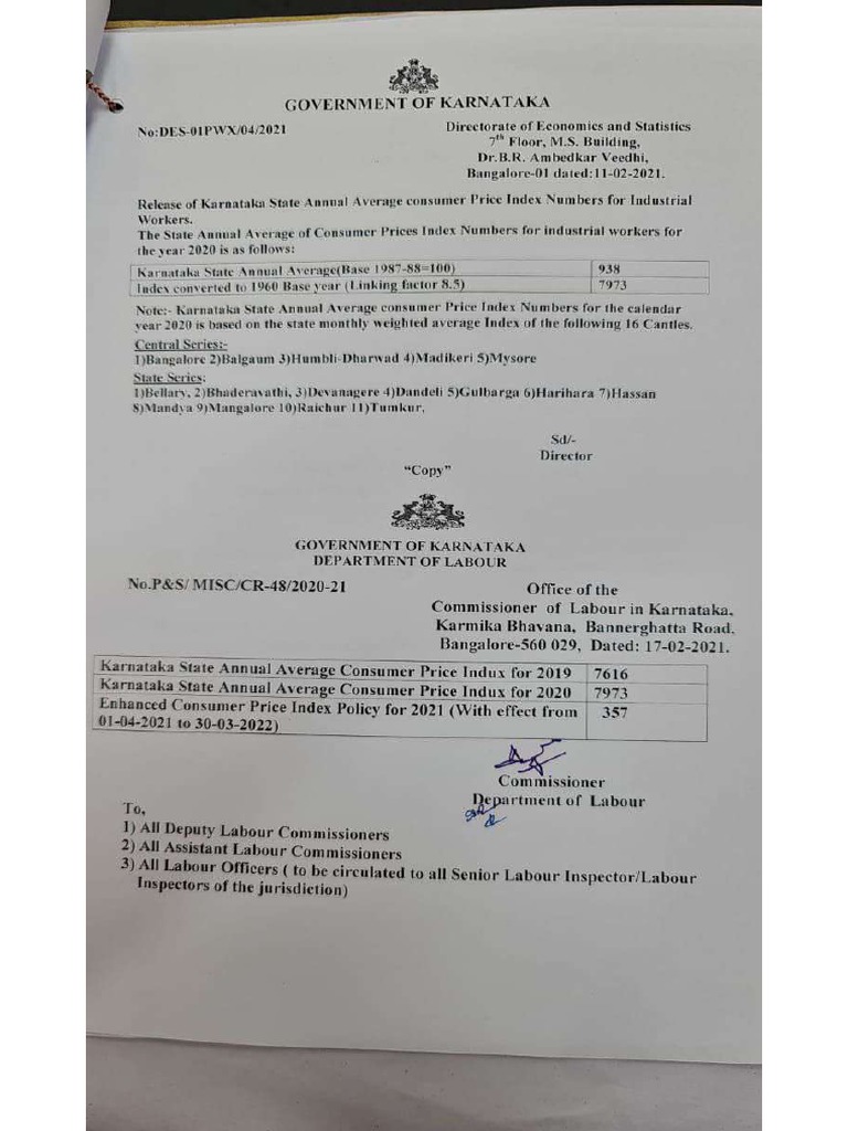 The Karnataka Minimum Wages Notification 1st April 2021 PDF