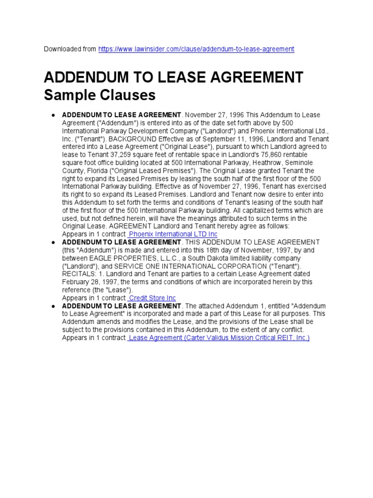 Addendum to Lease Agreement Samples | PDF | Lease | Leasehold Estate