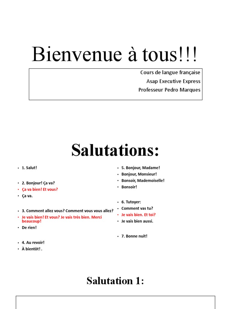 Bienvenue À Tous - Salutation - Se Presenter Et Alphabet | PDF ...