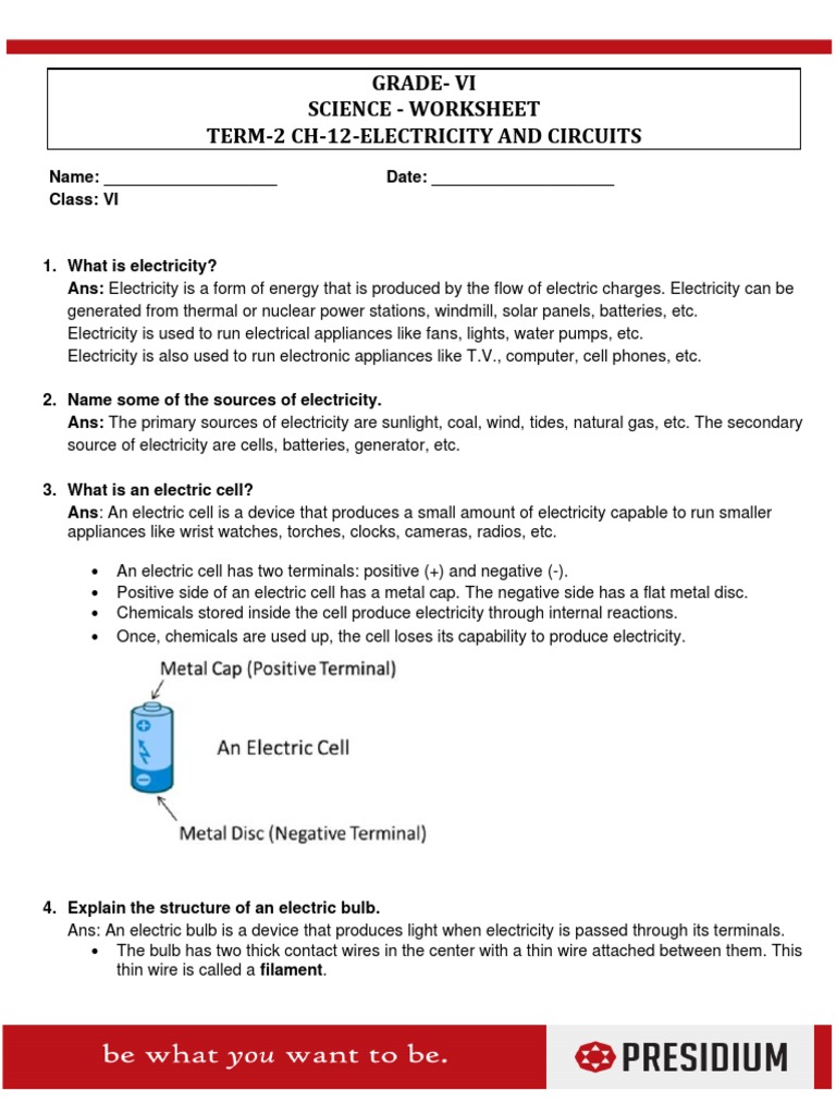 Grade 6 Electricity and Circuits Worksheet | PDF | Incandescent Light ...