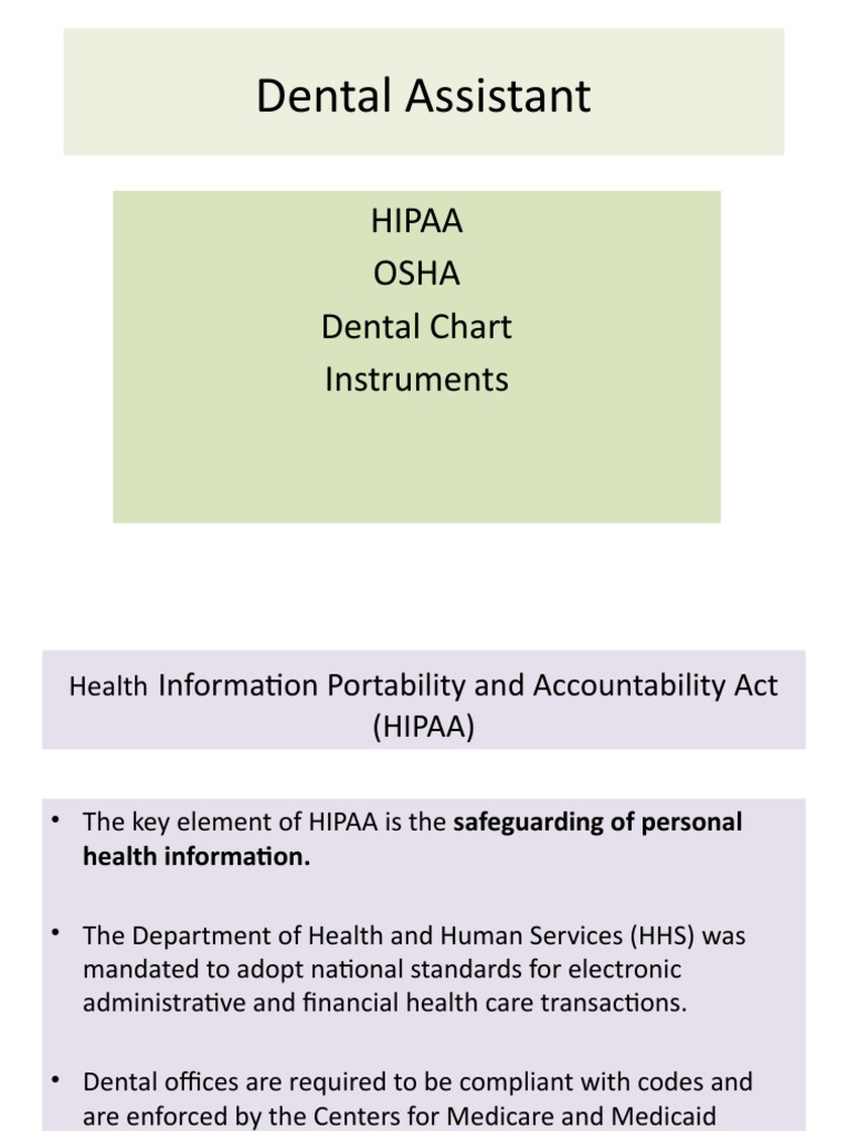 Dental Assistant Hipaa Osha Dental Chart Instruments PDF Health