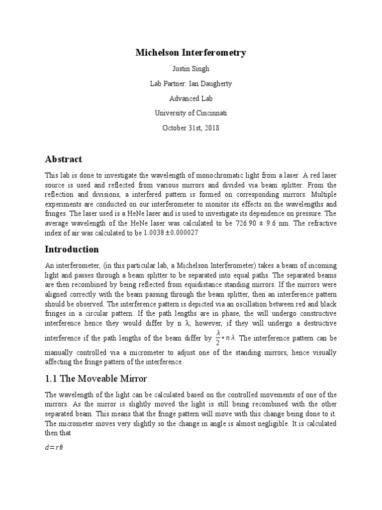 Michelson Interferometer Fringe Analysis | PDF | Interferometry ...