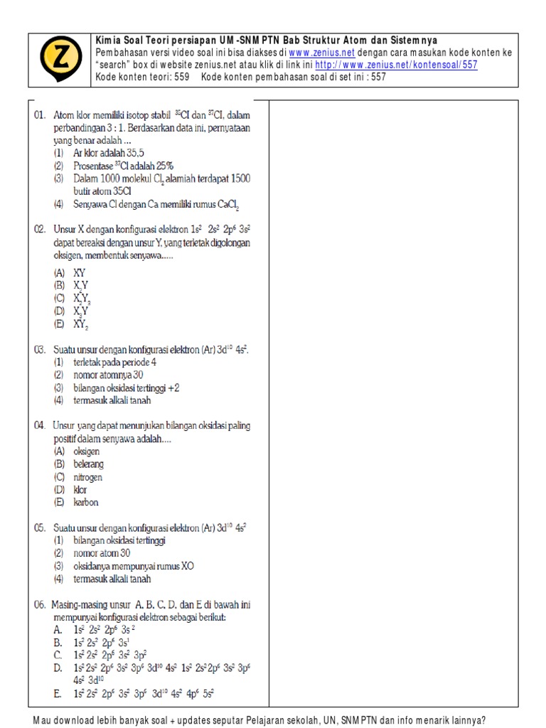 Soal teori Persiapan UM-SNMPTN kimia Bab Struktur Atom dan Sistemnya