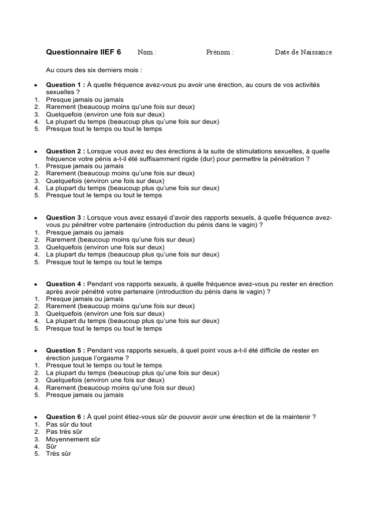 Questionnaire IIEF 6 sur la fonction érectile | PDF | Rapport sexuel ...