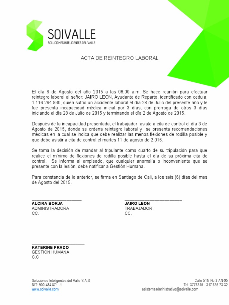 Acta de Reintegro Laboral 2015 | PDF