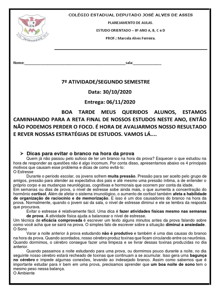 Atividades de Estudo Orientado - 8º Ano | PDF | Cérebro | Aprendizado