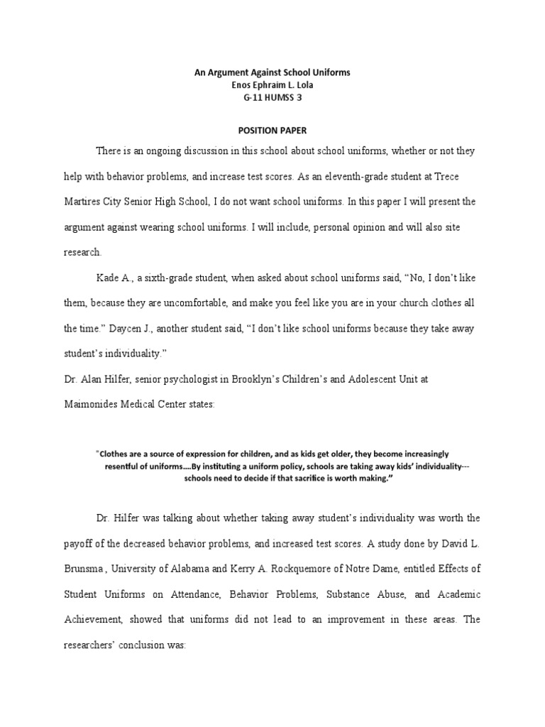An Argument Against School Uniforms PDF Psychological Concepts
