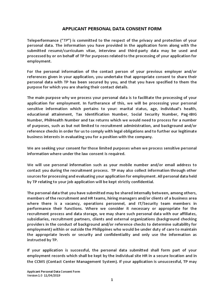 Applicant Data Privacy Consent Form | PDF | Recruitment | Confidentiality