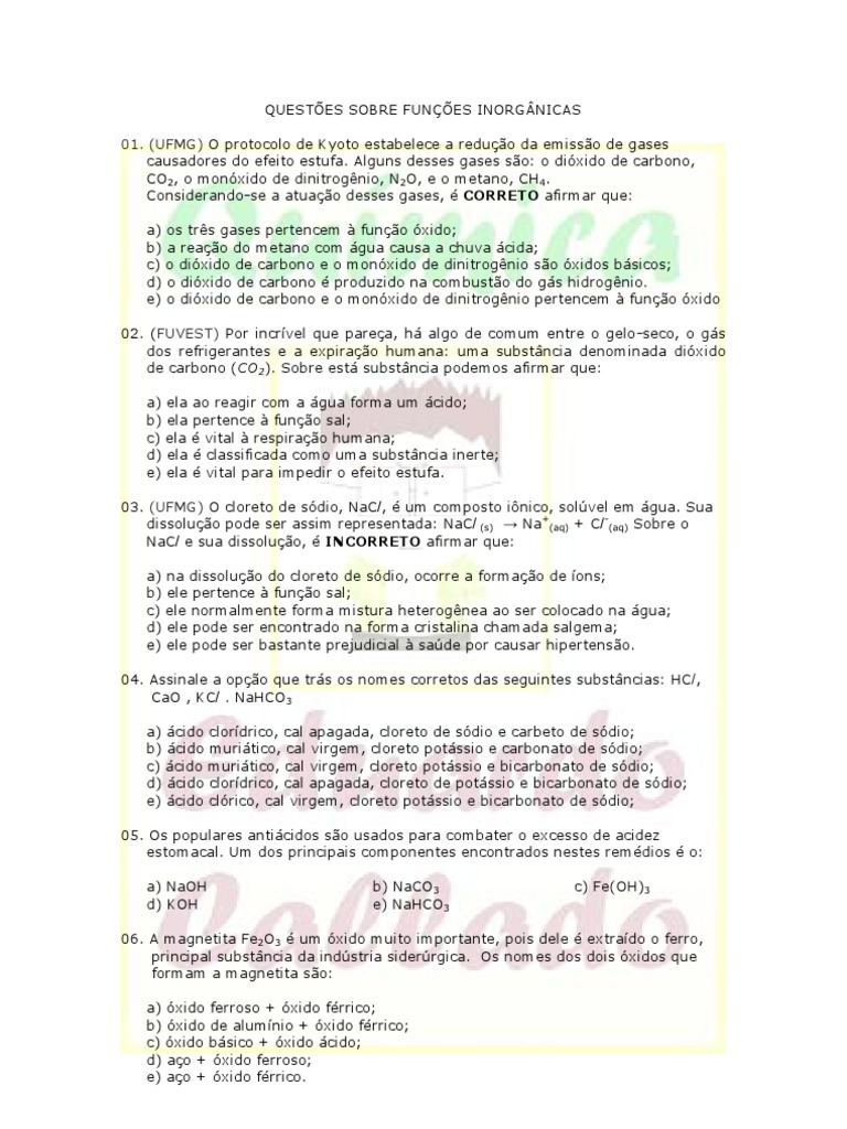 Questões sobre Funções Inorgânicas | PDF | Óxido | Oxigênio