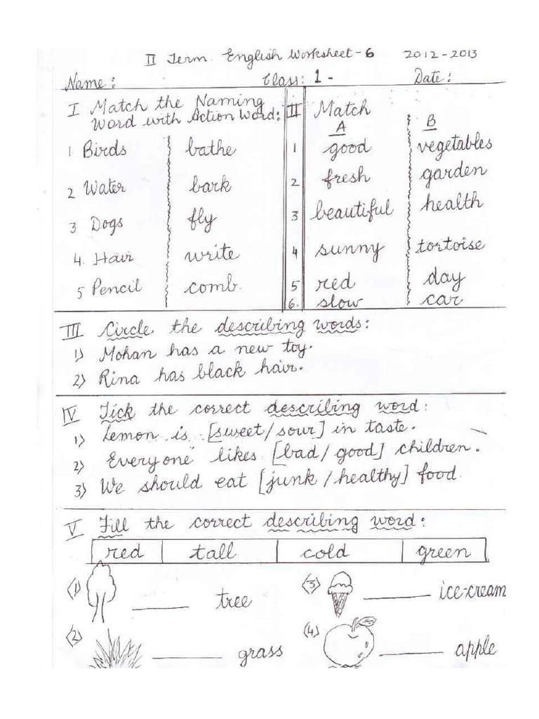 CBSE Class 1 English Worksheet PDF