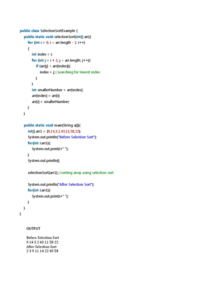 Java Selection Sort Example Code | PDF