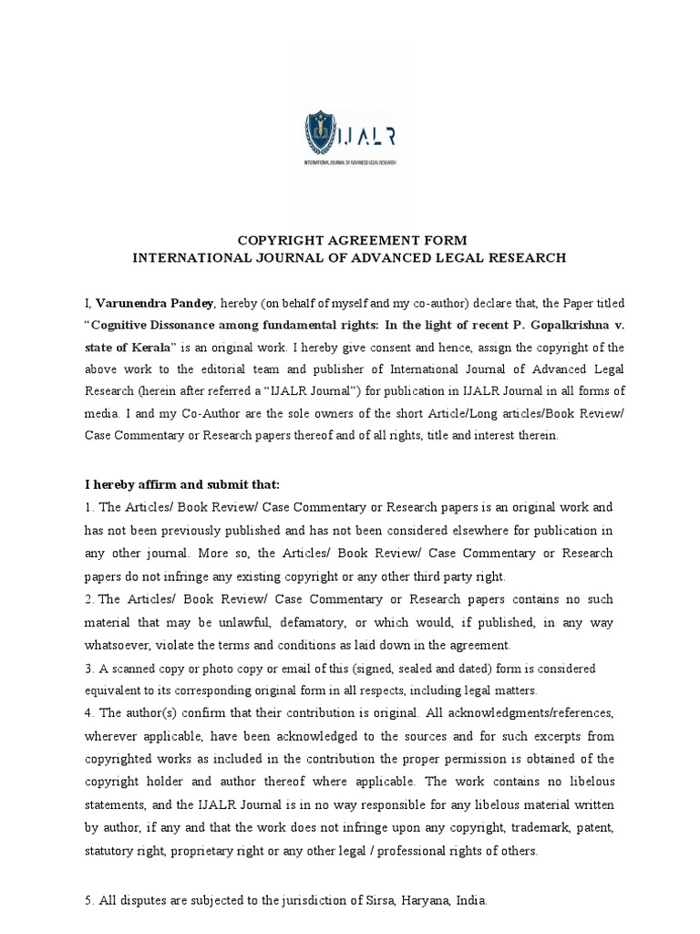 Copyright Agreement for IJALR Journal | PDF | Copyright | Defamation