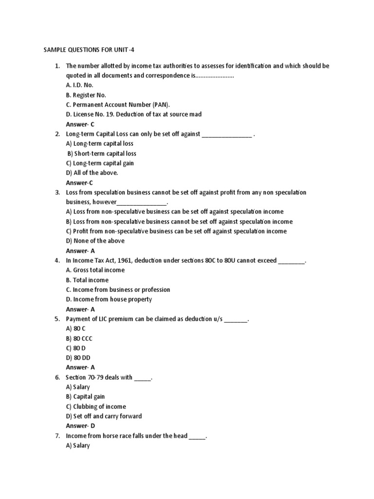 Income Tax Unit 4 Sample Questions | PDF | Tax Deduction | Capital Gain