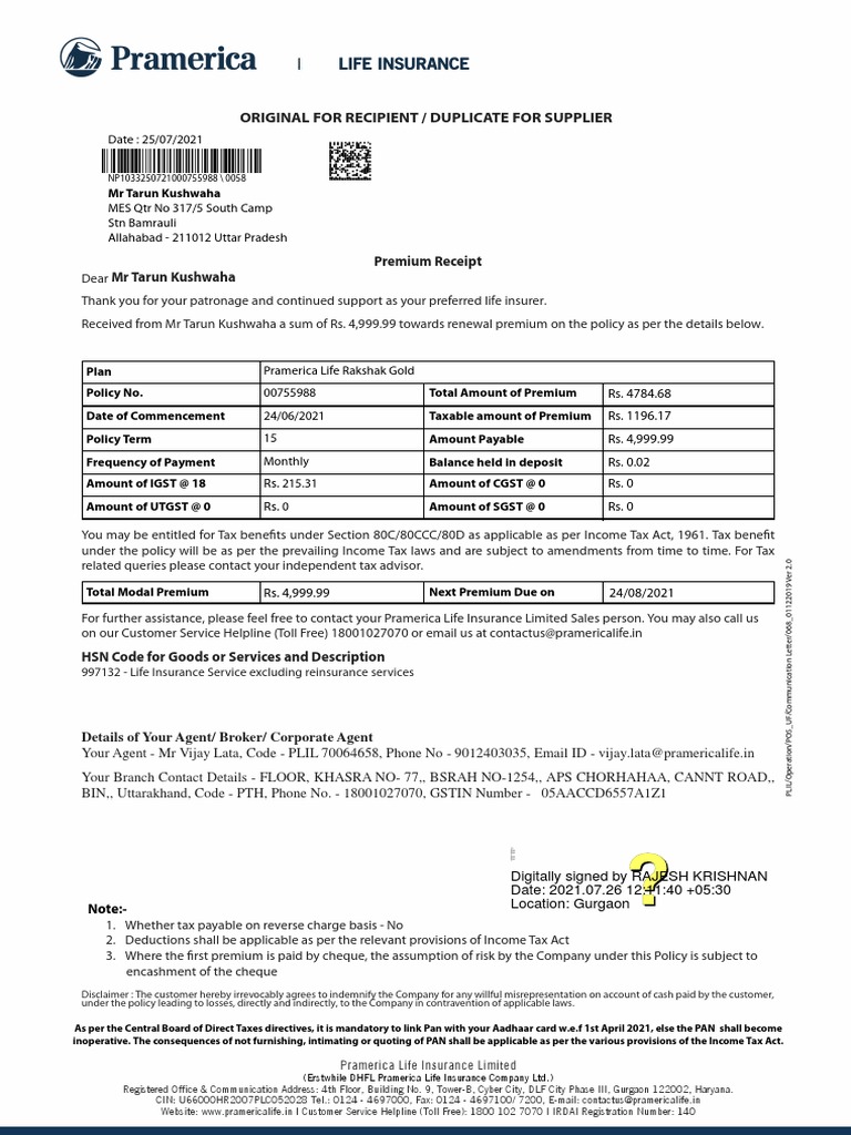 Renewal Premium Receipt 00755988 PDF Life Insurance Insurance
