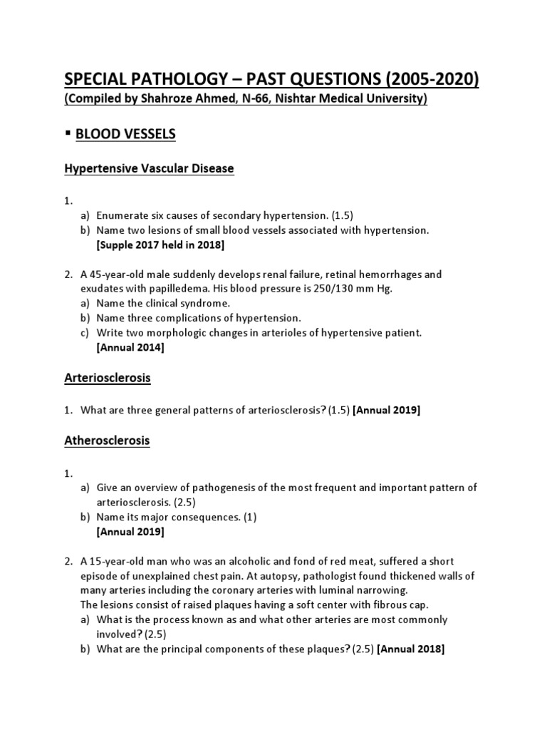 Special Pathology Past Questions (2005-2020) | PDF | Anemia | Lymphoma