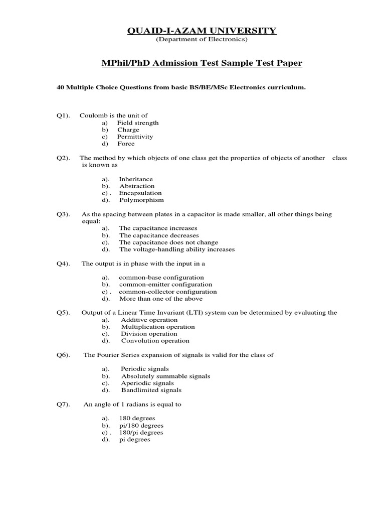 Quaid-I-Azam University: Mphil/Phd Admission Test Sample Test Paper | PDF