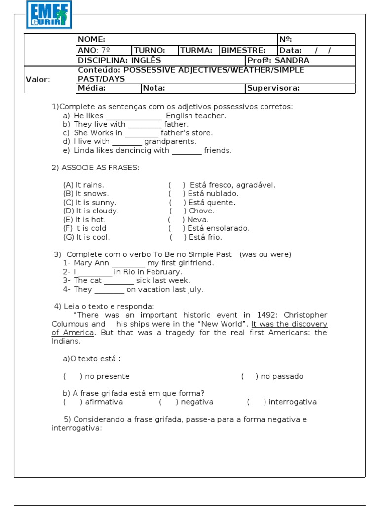 AVALIAÇÃO DE INGLÊS - 3º BIMESTRE (7º ANO).doc