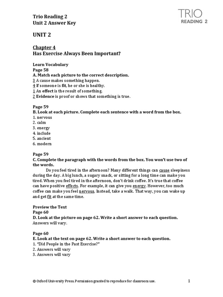 Trio Reading 2 Unit 2 Answer Key | PDF | Verb | Foods