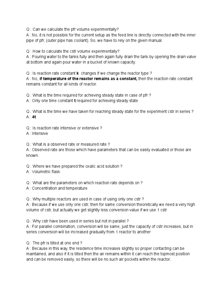 Cre Lab Viva Questions PDF Chemical Reactor Chemistry