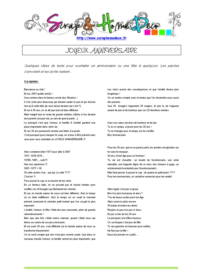 Anniversaire Voeux Pdf Bonheur Anniversaires