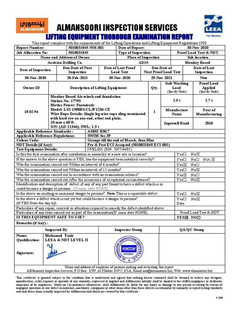 Lifting Equipment Inspection Report for a Monkey Board Air Winch and