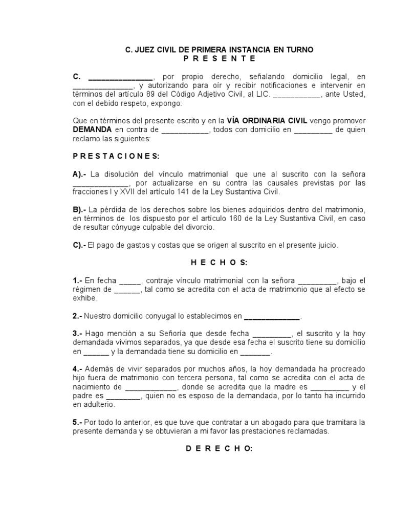 DEMANDA DE DIVORCIO SEPARACIÓN POR MÁS DE DOS AÑOS