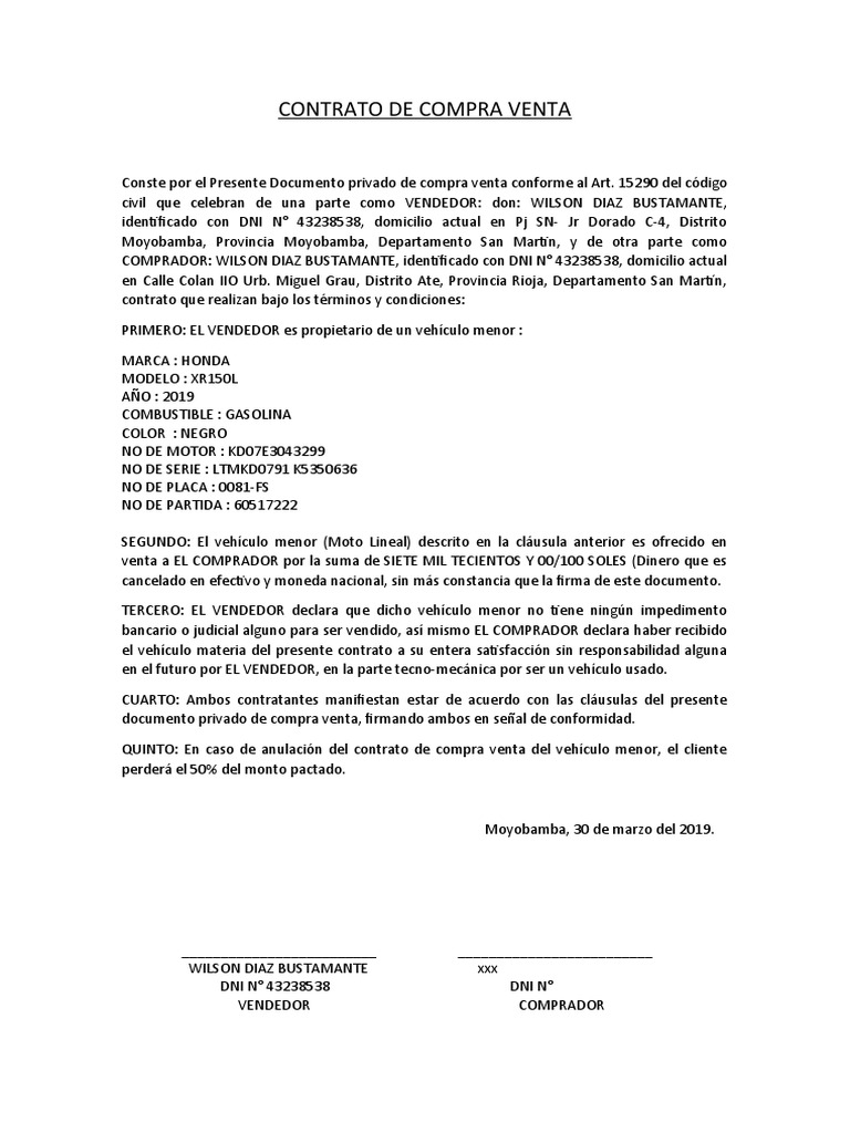 Contrato de Compra Venta Moto | PDF | Finanzas y dinero