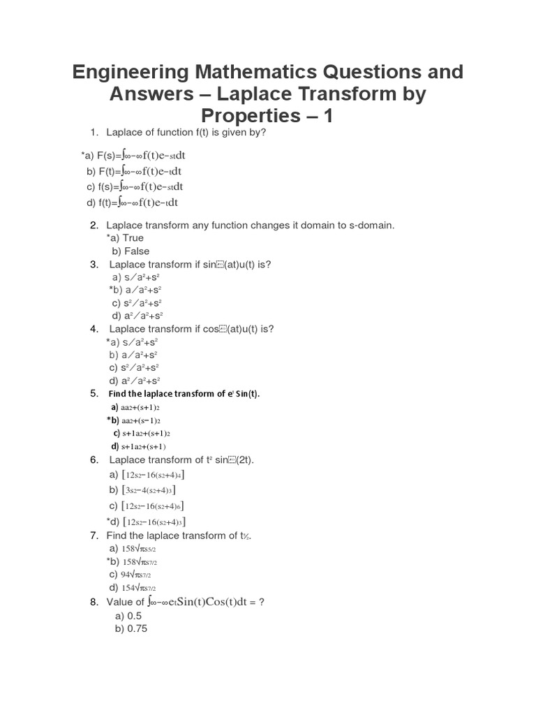 Engineering Mathematics Questions and Answers | PDF | Laplace Transform ...