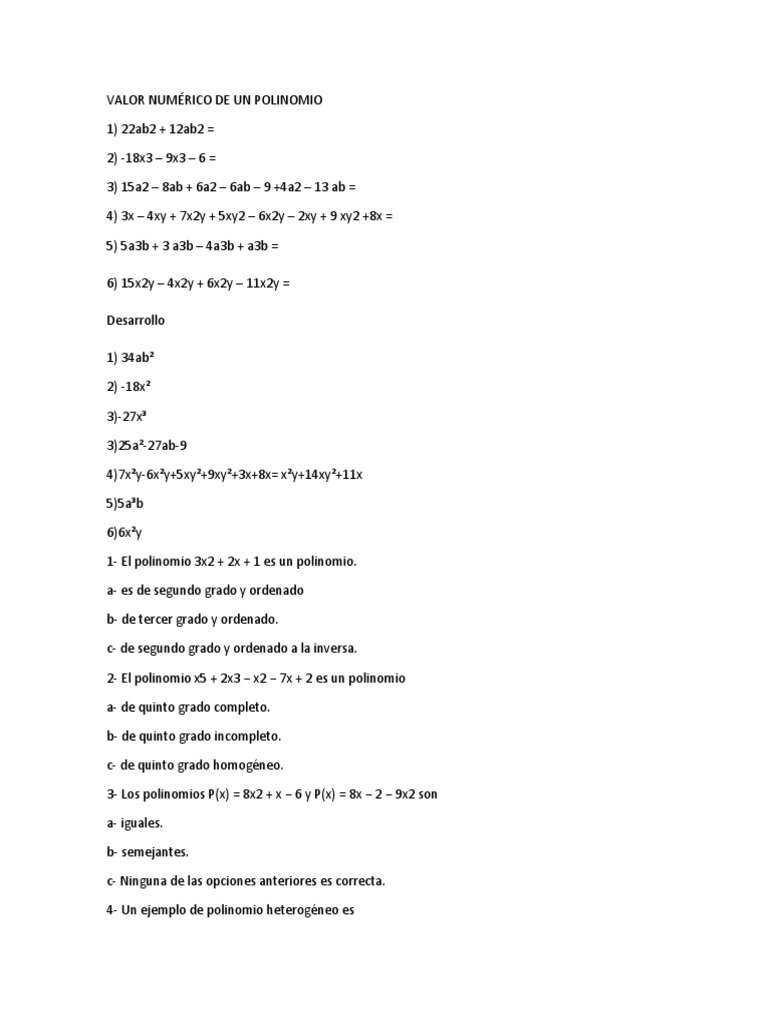 Valor Numérico de Un Polinomio | PDF