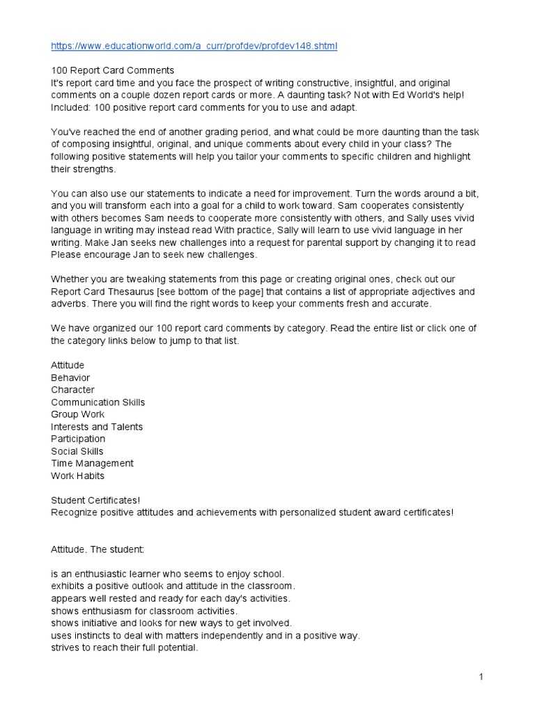 100 Positive Report Card Comments | PDF | Classroom | Teachers