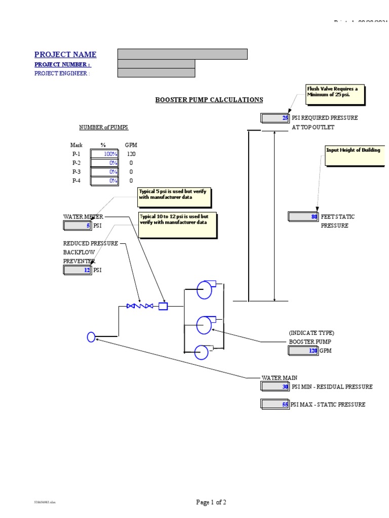 Project Name Booster Pump Calculations PDF Pump Hydraulic