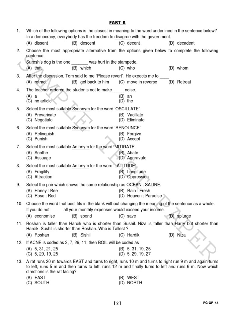 Sample Test Paper Sample Test Paper Sample Test Paper: Part-A | PDF ...