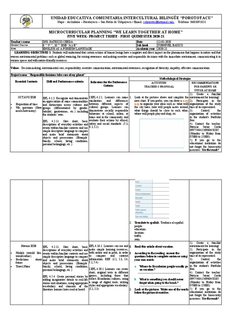 Bilingual School English Curriculum 2020-21 | PDF | English As A Second ...