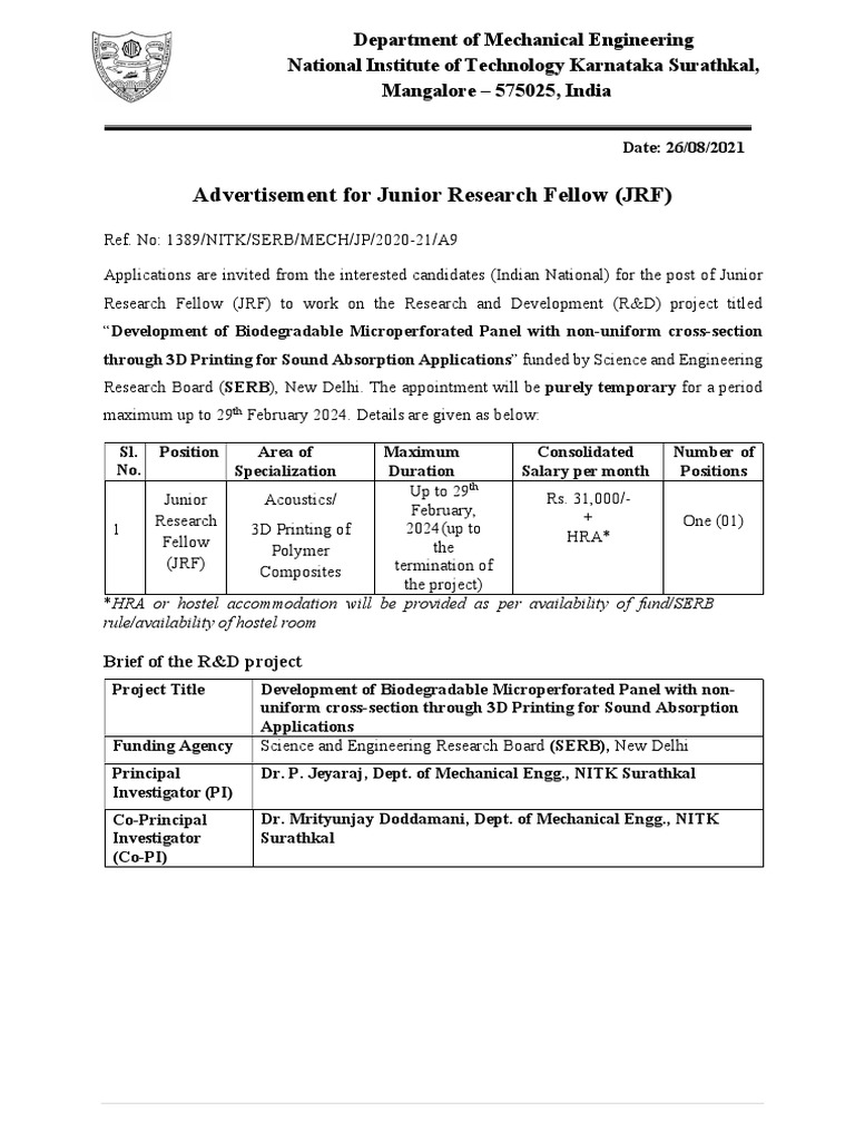 Advertisement For Junior Research Fellow Jrf Pdf Materials