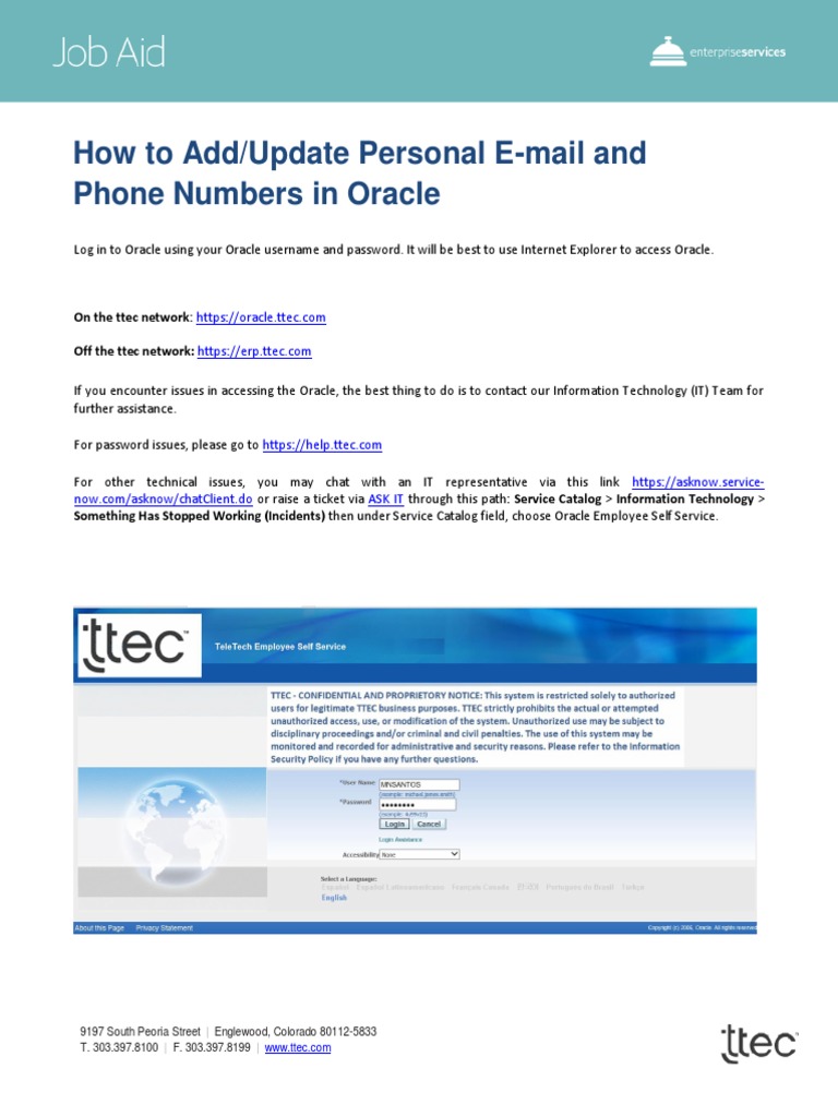 Update Personal Info in Oracle TTEC | PDF | Text Messaging | Password