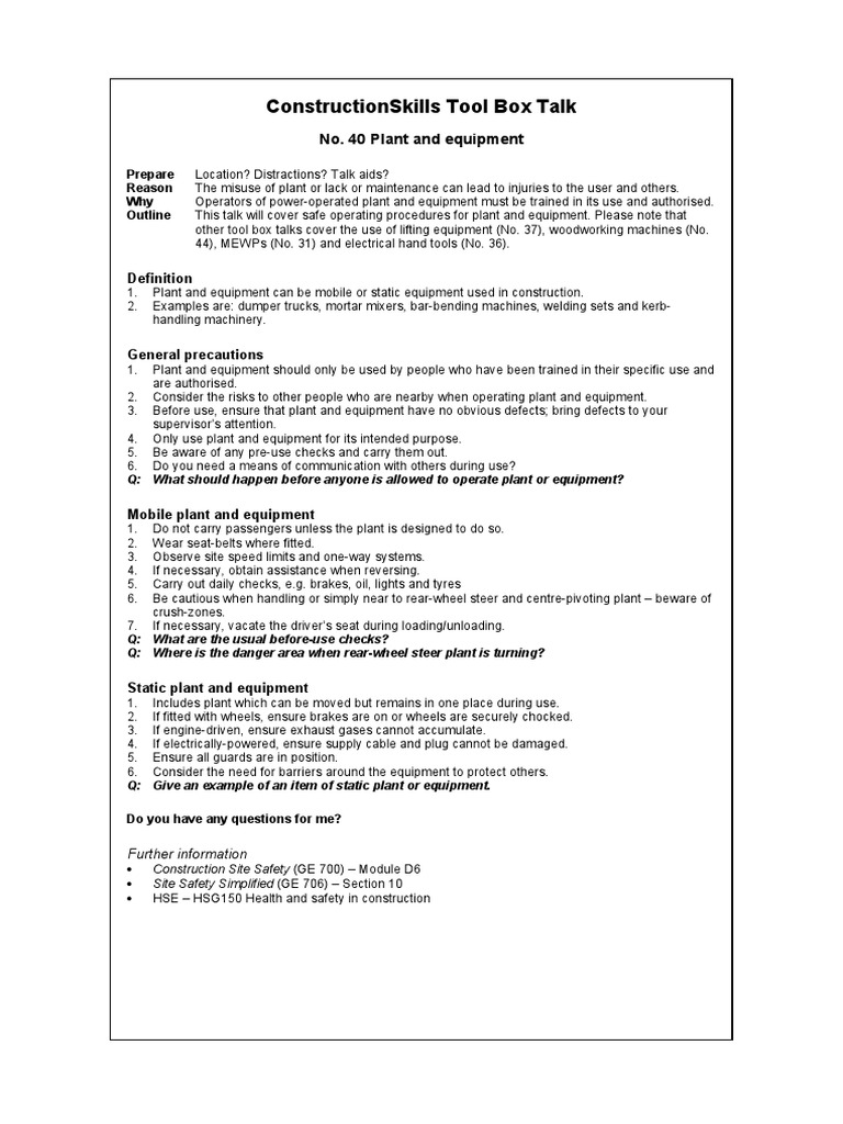 Constructionskills Tool Box Talk No. 40 Plant and Equipment PDF