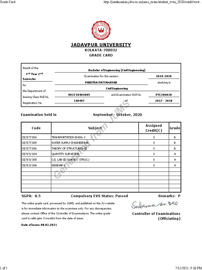 Pabitra Pattanayak's Grade Card for the 3rd Year 2nd Semester Bachelor ...