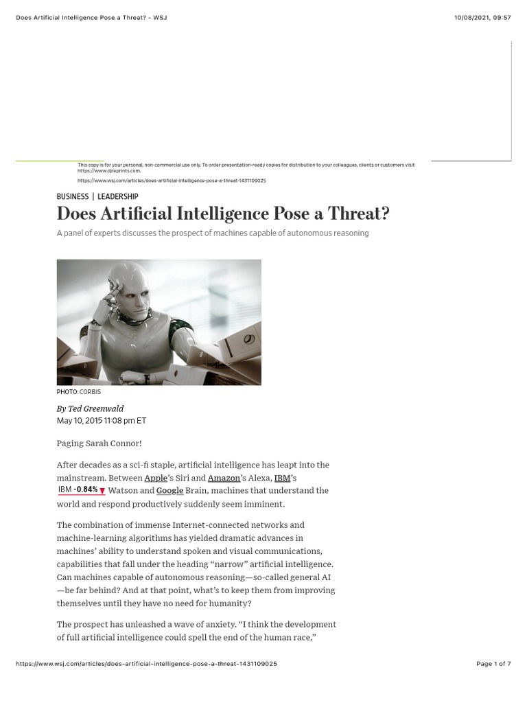 Does Artificial Intelligence Pose A Threat WSJ | PDF | Artificial ...