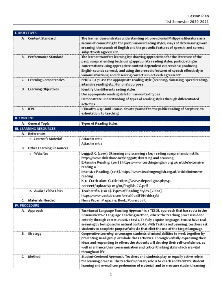Lesson Plan 1st Semester 2020-2021: I. Objectives | PDF | Speed Reading ...