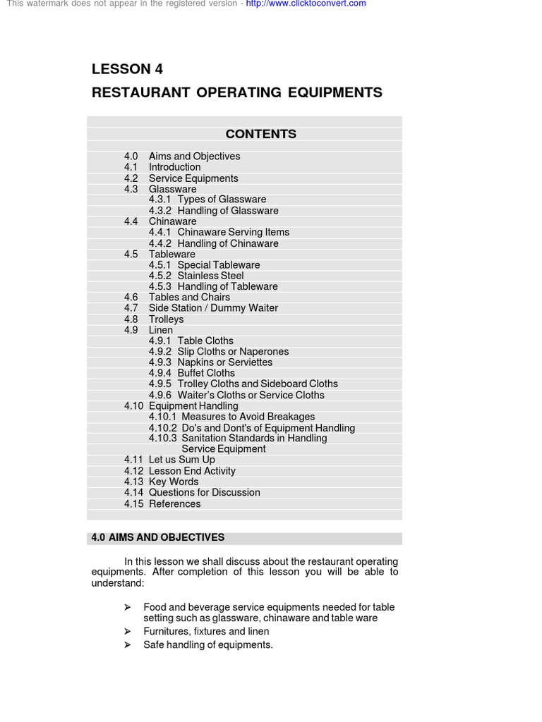 Restaurant Operating Equipment Overview | PDF | Tableware | Porcelain