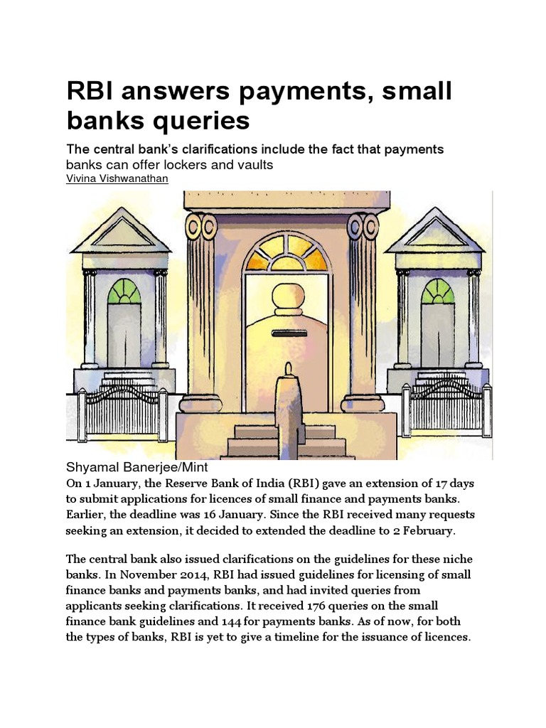 RBI clarifies payments banks can offer lockers, set up ATMs PDF