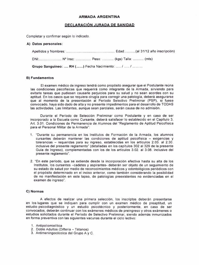 Declaracion Jurada de Salud | PDF