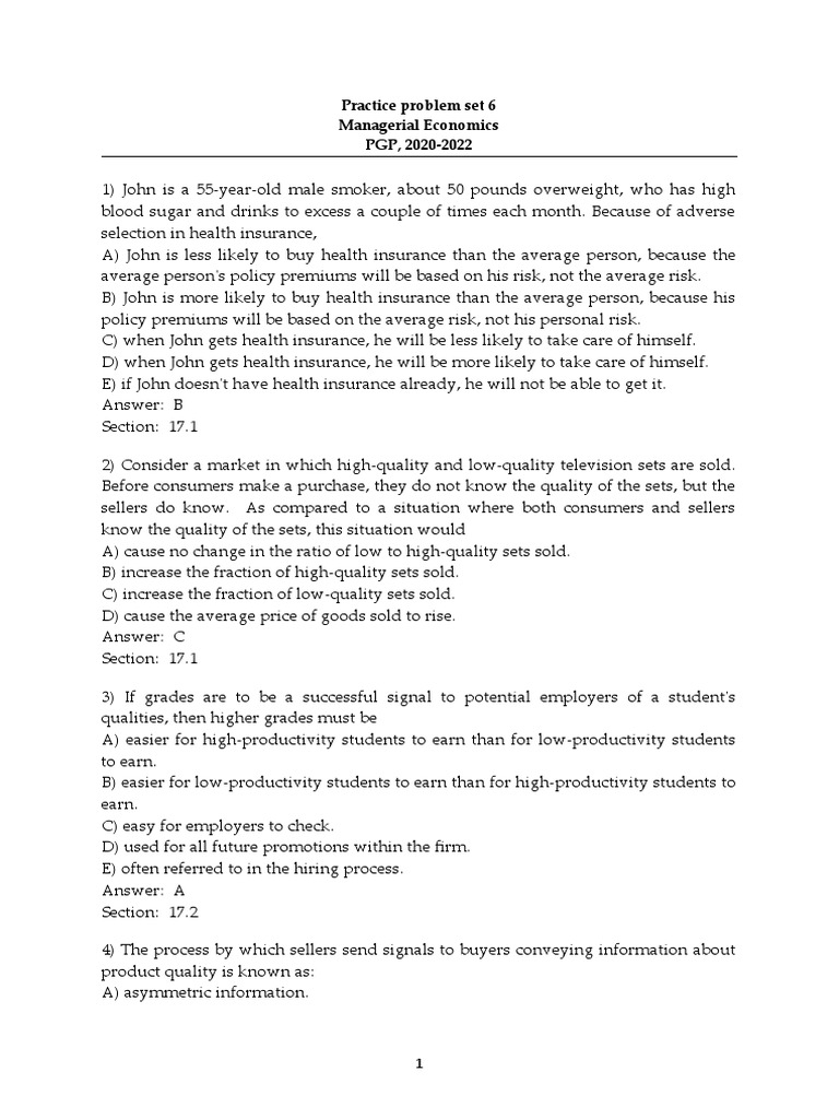 Practice Problem Set 6 With Answers | PDF | Insurance | Pre Existing ...