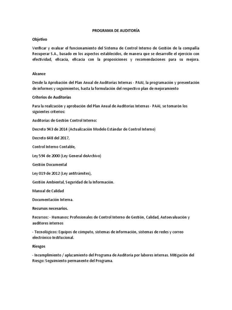 Programa y Plan de Auditoría | PDF | Auditoría | Business