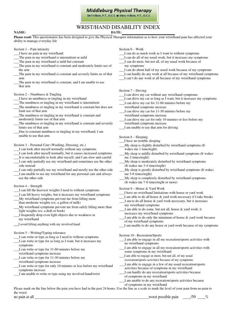 Wrist/Hand Disability Index Questionnaire | PDF | Pain | Paresthesia