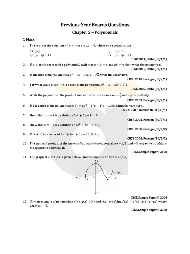 Class 10 Polynomials: Past Questions | PDF | Polynomial | Zero Of A ...