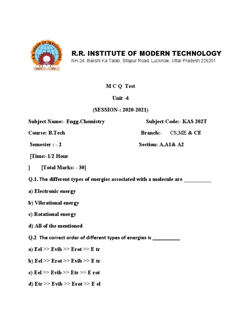 Spectroscopy MCQs for Engineering Chemistry | PDF | Spectroscopy ...